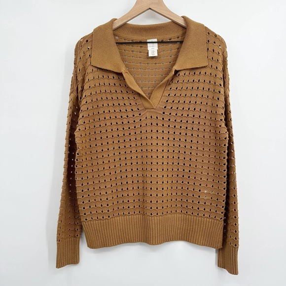 Joie Sweaters - Joie Eyelet Knit Collared Cotton Blend Sweater in Camel Size Medium